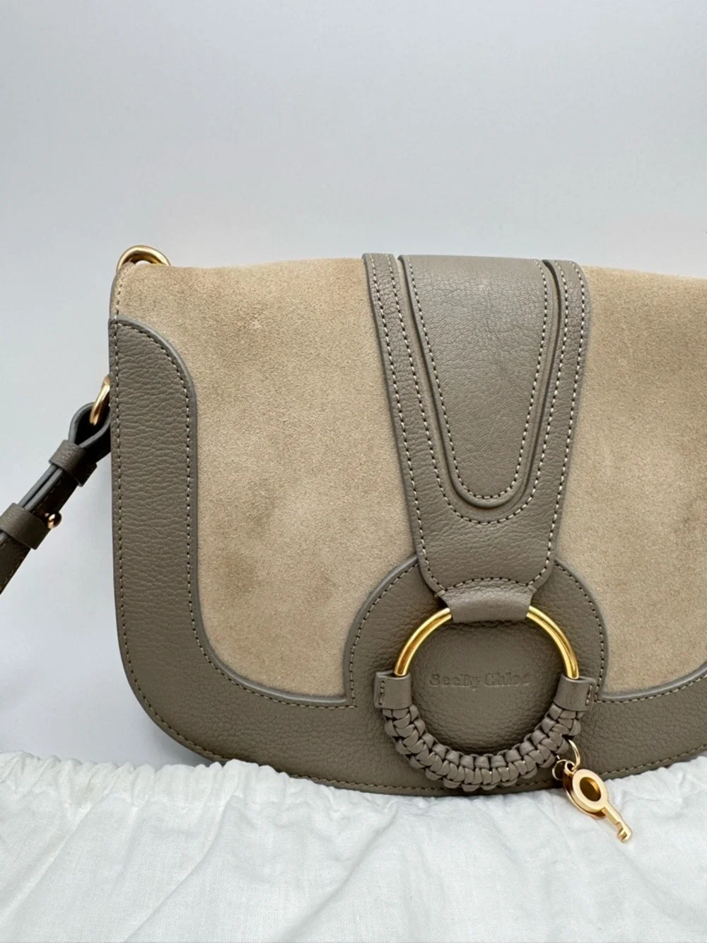 See By Chloé Hana Large Leather Suede Crossbody Bag Motty Grey Gold Hardware